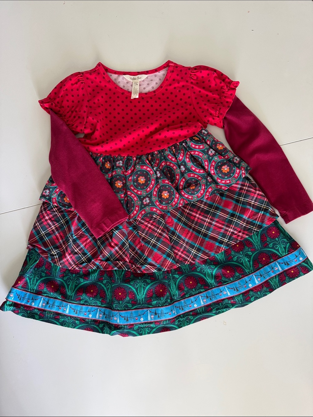 Matilda Jane Size 4 Christmas Bright Red and Layered Pattern Dress